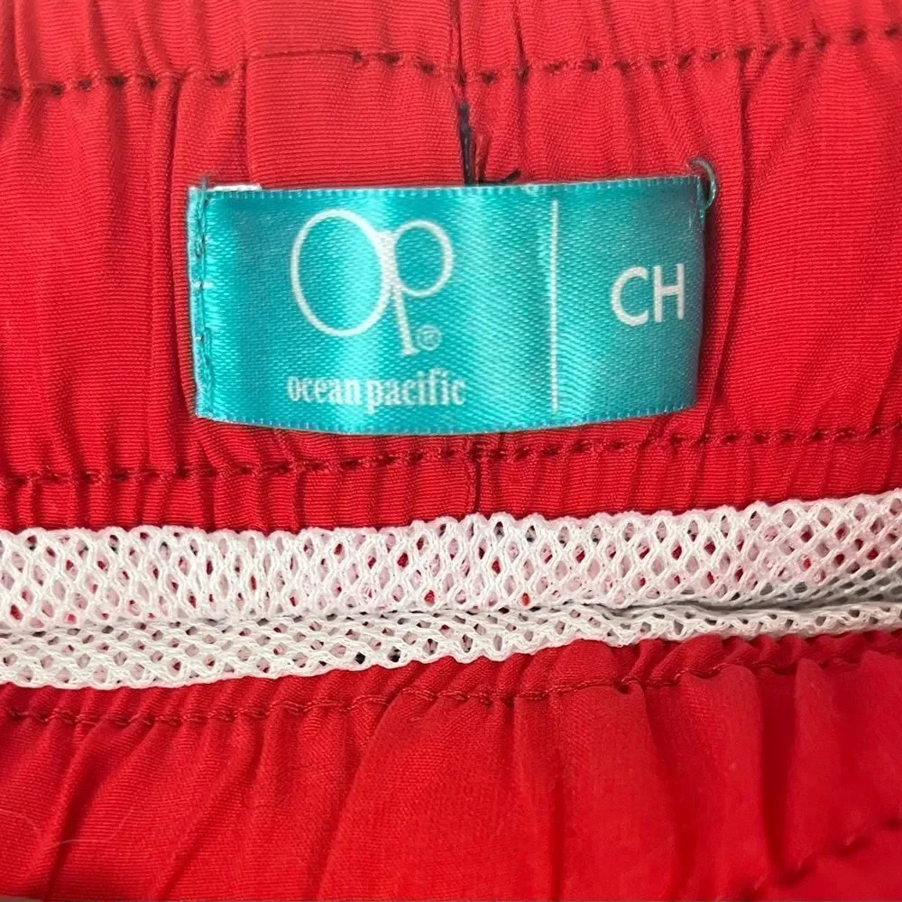 OP Men’s Swim Trunks NWT Navy/White Vertical Striped w/Red Anchors Elastic Waist